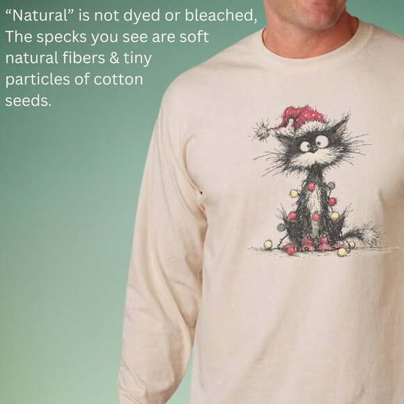 Christmas Cat Santa Hat Shirt Cute Holiday Kitty with Lights Funny Graphic Tee - Picture 4 of 6